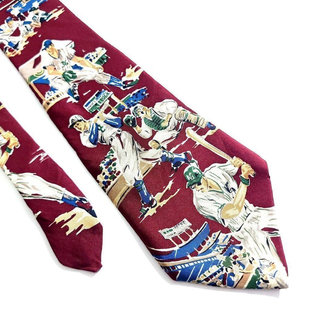 Paul Fredrick Red Baseball Print Wide USA Italy Silk‎ Tie